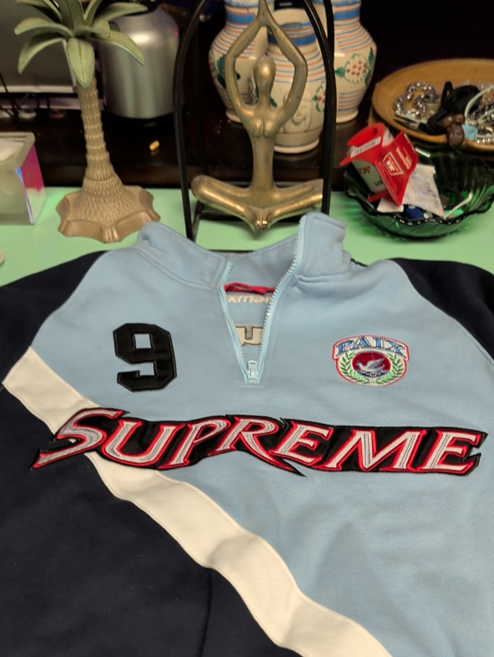 Supreme Light Blue & Navy Half-Zip Rugby Pullover with Red Logo